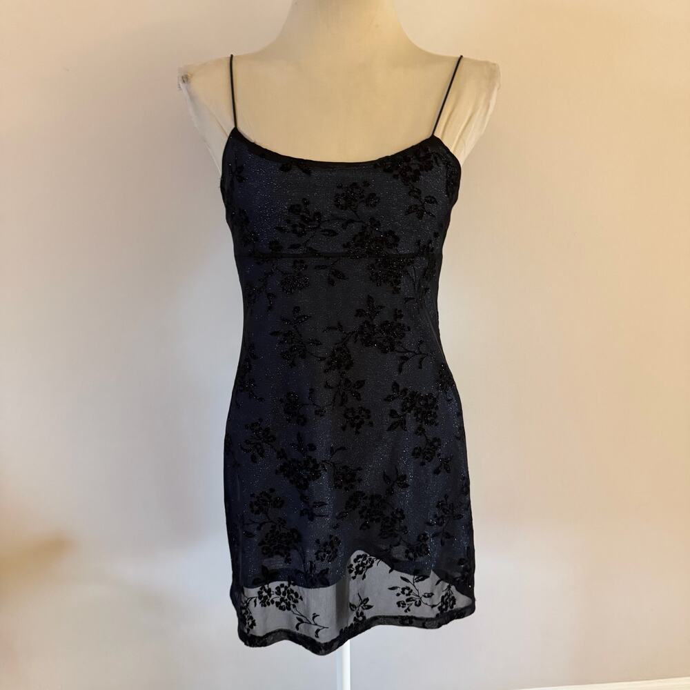 Vtg Y2K 2000s Blue Shimmer Lace Overlay Mini Dress Sz M Whimsygoth Fairy Grunge